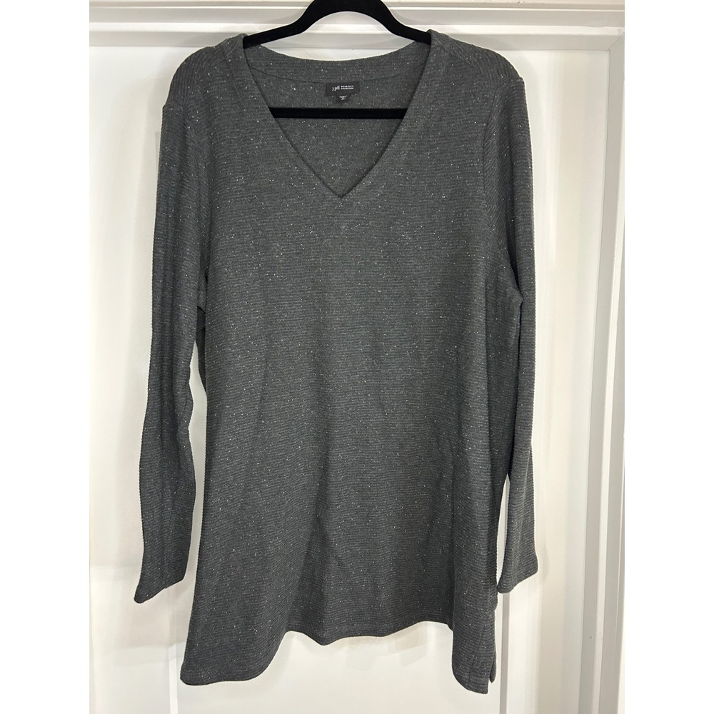 J. Jill Wearever Gray Sparkle V-Neck Tunic Top XL Tall Ribbed Knit Long Sleeve